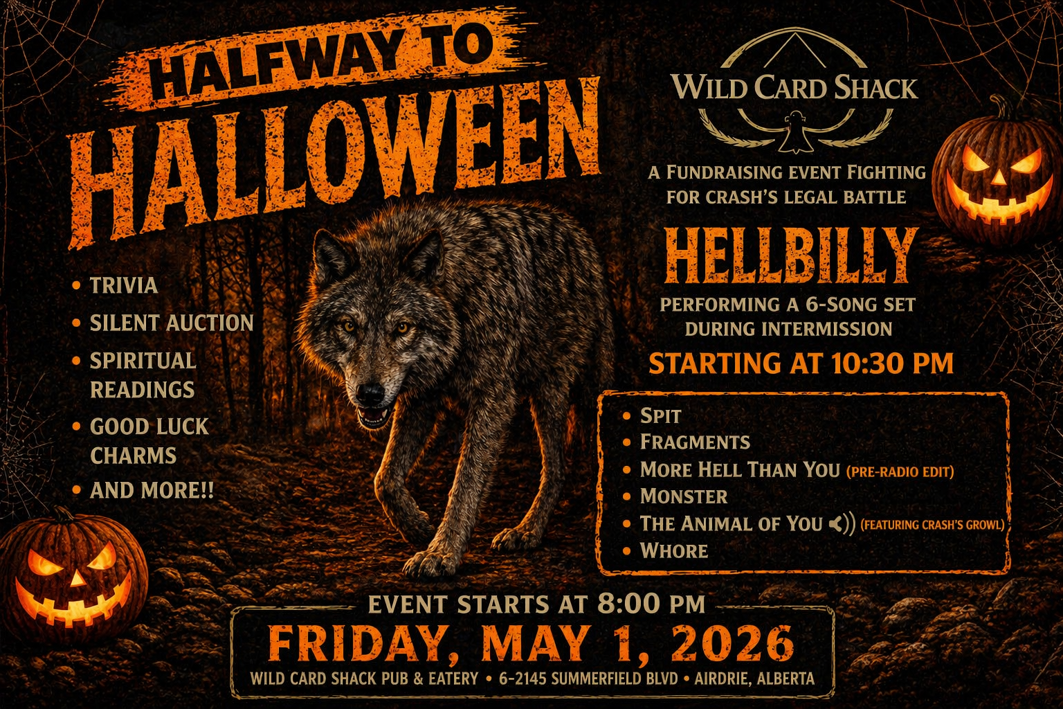 Halfway to Halloween fundraiser poster at Wild Card Shack