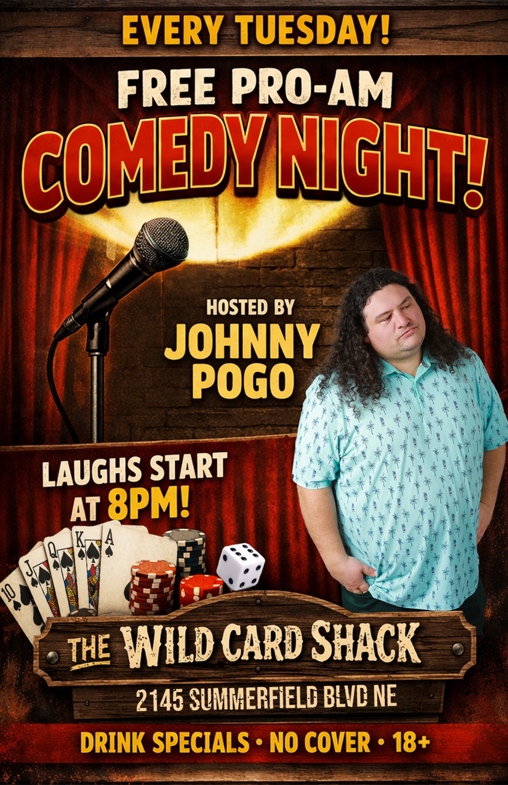 Johnny Pogo free pro-am comedy night poster